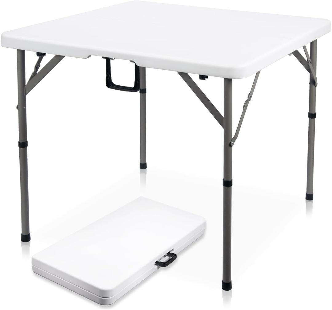 34" Square Folding Card Table, Fold-in-Half Utility Dining Portable Table Heavy Duty HDPE White Plastic Foldable with Carrying Handle Indoor Outdoor for Picnic, Camping, Party (34INsquare))