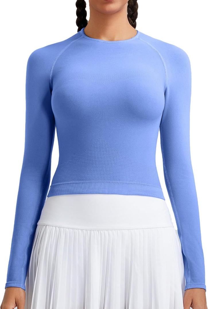 RUNNING GIRL Long Sleeve Yoga Shirts for Women, Soft Fitted Seamless Stretchy Casual Crew Neck Athletic Basic Shirt (Small, A-light Blue)