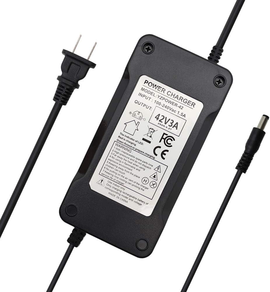 42V 3A Power Supply Adapter Charger for 36V 10S Lithium Li-ion Battery Pack with 5.5x2.5mm DC Plug and 5.5x2.1mm Adapter