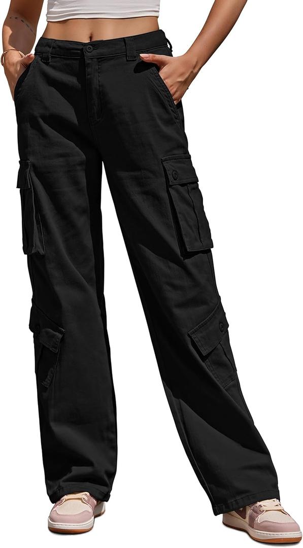 ZMPSIISA Women Pants High Waisted Cargo Pants Combat Military Wide Leg Casual Trousers 8 Pockets(Black, Large)