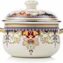 Retro Flower Enamel Stockpot with Lid,Stockpots for Cooking (5L-Mysterious Flower) (Ivory -5QT)