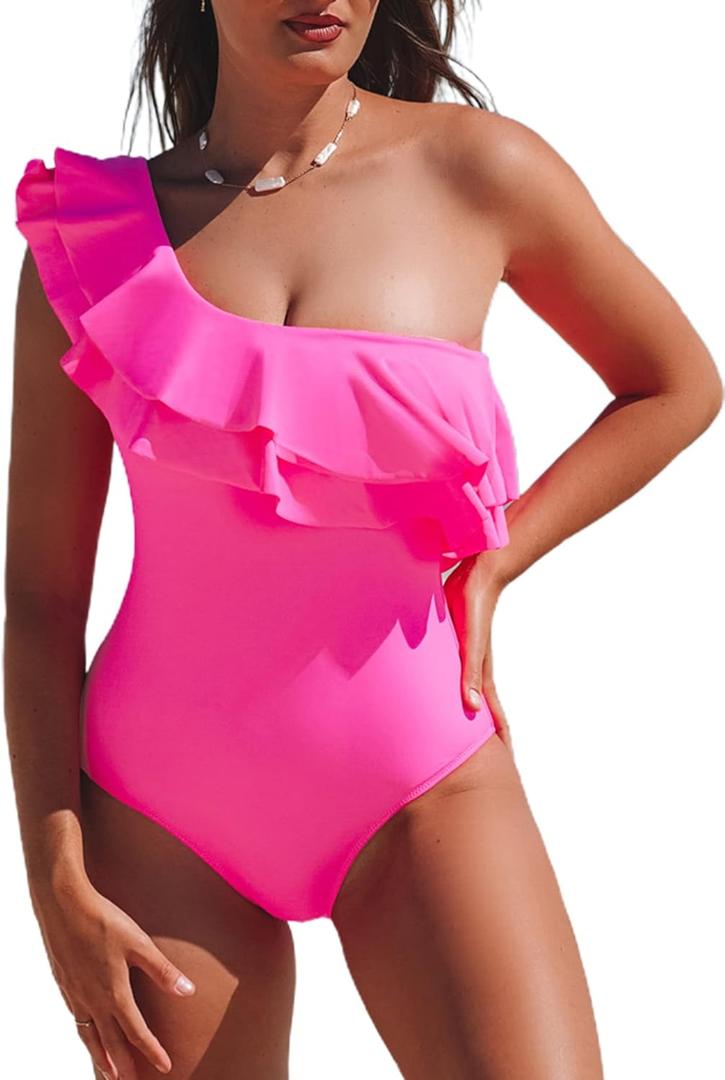 Hilinker Women's Ruffle One Shoulder One Piece Swimsuit Monokinis Bathing Suit Hot Pink, Small