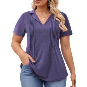 ROSRISS Plus-Size-Womens-Summer-Tops Casual Polo V Neck Work T Shirts Cute Flowy Pleated Blouses Trendy Short Sleeve Tunics (Purple)