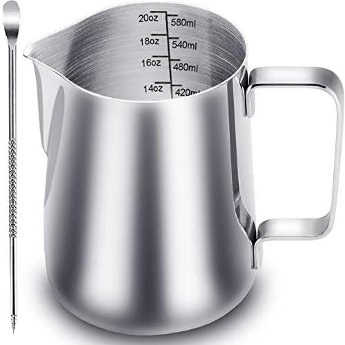 Dailyart Milk Frothing Pitcher 20 oz, Stainless Steel Espresso Steaming Pitcher with Decorating Pen for Coffee, Espresso Machines, Cappuccino, Latte Art A Silver
