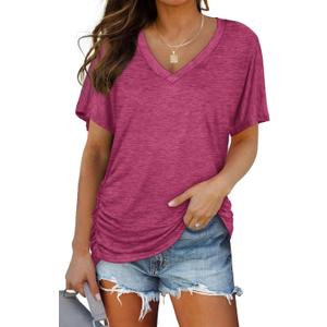 WIHOLL Womens Short Sleeve V Neck Dolman Tops with Side Shirring Loose Fit Shirts (Small, 4-fuchsia)