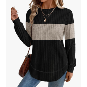 OFEEFAN Tunic Tops for Women Loose Fit Dressy Long Sleeve Shirts Womens Sweaters Crew Neck Fall Clothing with Curved Hem, Size M