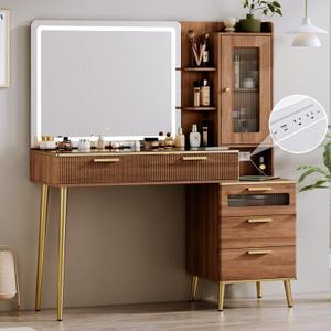 Chrangmay 47.24" Big Modern Vanity Desk with Mirror and Lights,Makeup Vanity Desk with 5 Drawers and Storage Shelves & Power Outlet,Dressing Table with Glass Top, Brown