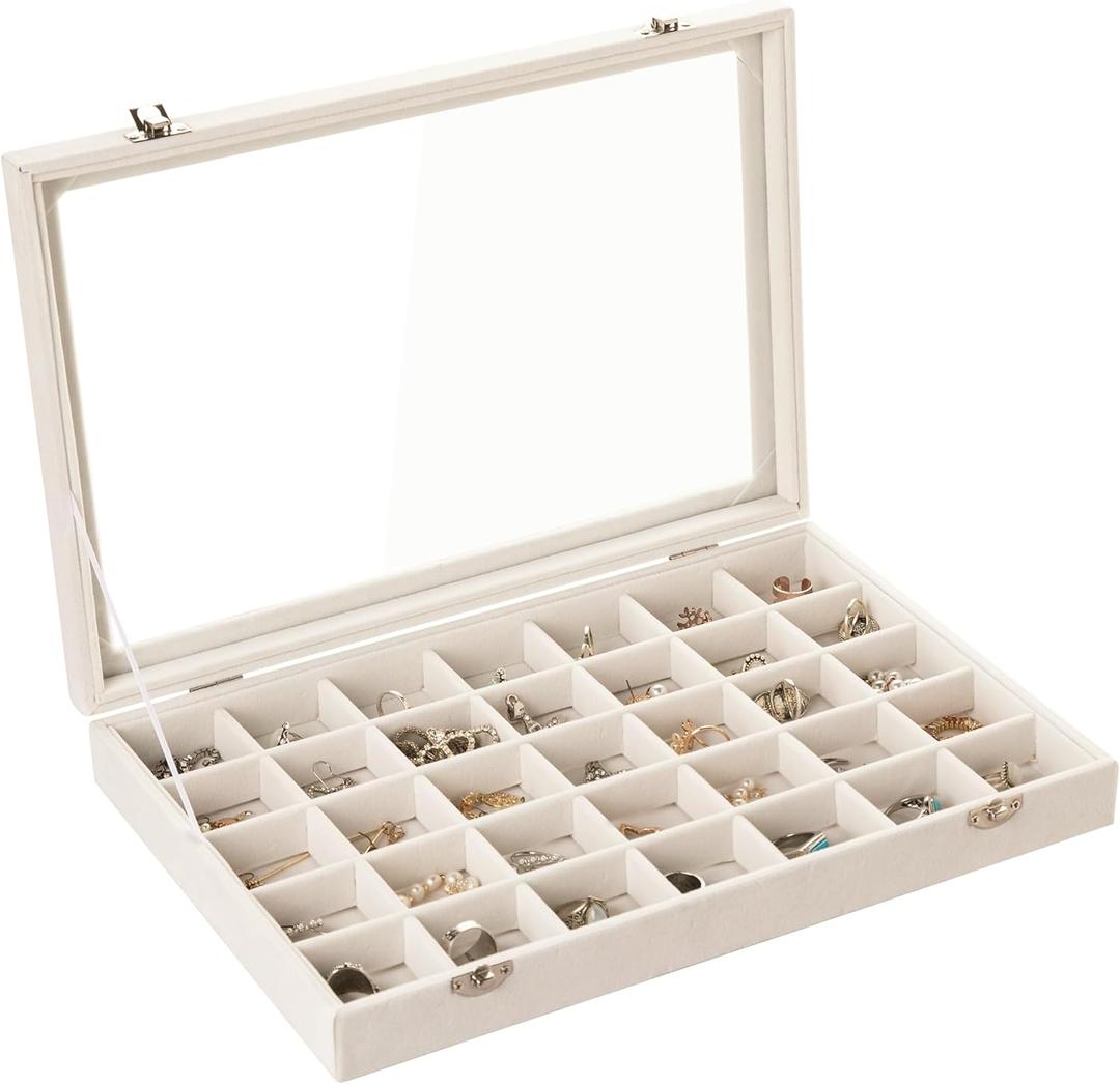 Frebeauty Velvet Jewelry Tray,35 Grid Jewelry Organizer with Clear Lid,Earring Holder Organizer Case with Clasp,Drawer Insert for Rings Studs,13.8 x 9.5 x 2 Inches,Gift for Women Girls(Beige)