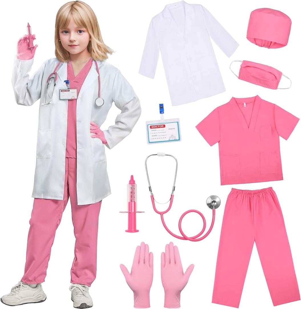 SIZGAROOT Doctor Costume for Kids Toddler Girls Boys Doctor Costume with Lab Coat Halloween Party Dress Up, 3-4T