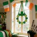 7 x 12 Inch St Patricks Day Shamrock Wood Hanging Welcome Sign Wreath for Front Door, Saint Patricks Lucky Shamrock Wood Sign with Gold Glitter and Plaid for Indoor Outdoor