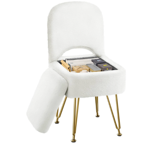 GREENSTELL Small Vanity Stool Chair with Storage and Folding Back, 13.4" x 15" x 30" Square Faux Fur Soft Ottoman, 4 Metal Legs with AntiSlip Feet, Furry Padded Seat for Makeup, Bedroom, White