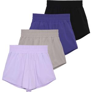 Real Essentials 4 Pack Women's 2.5'' High Waisted Running Shorts with Liner - Quick Dry, Dry Fit, Gym Workout Large