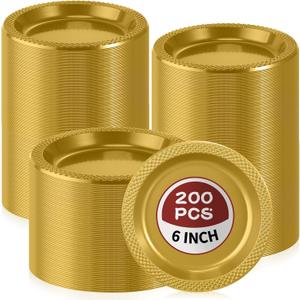 200 Pcs Gold Plastic Dessert Plates 6 Inch Round Gold Disposable Plates Heavy Duty Wedding Dinner Tableware for Birthday Party Dinner Picnic Salad, Appetizer Party Supplies