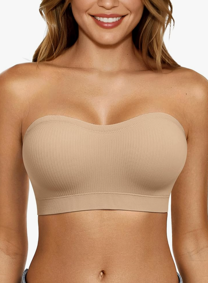 Push Up Strapless Bras for Women Supportive Bandeau Bra Non Slip Wireless No Underwire Padded Tube Bra(Nude,S)