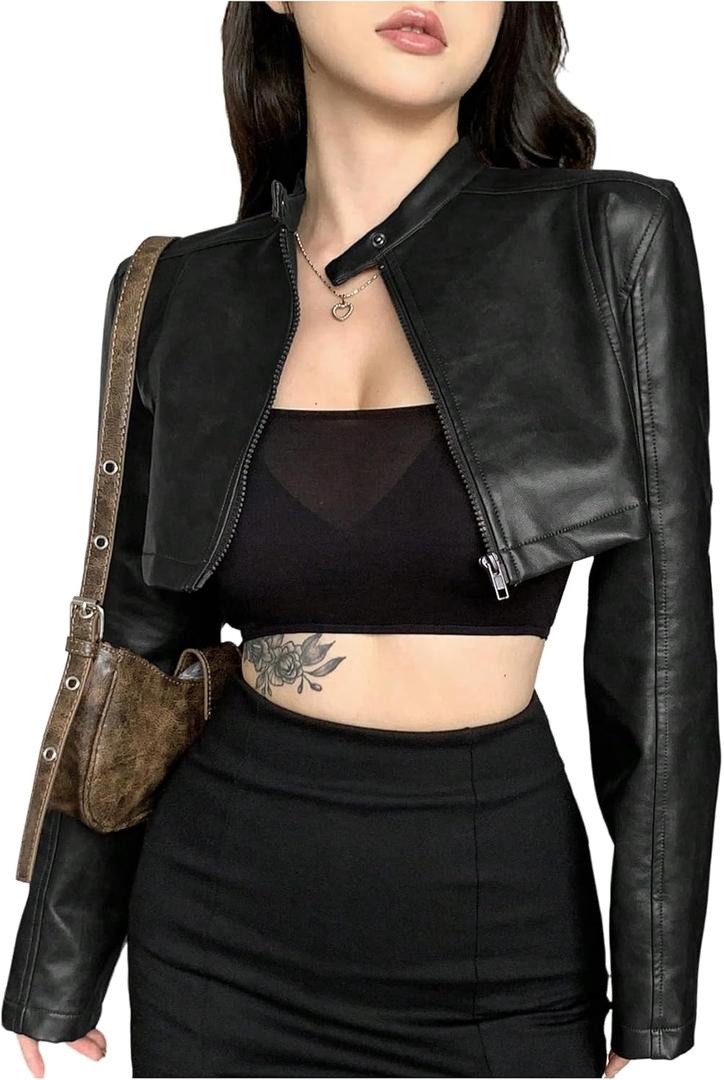 MakeMeChic Women's PU Leather Cropped Jacket Long Sleeve Zip Up Y2K Motorcycle Coat (Medium, Black)