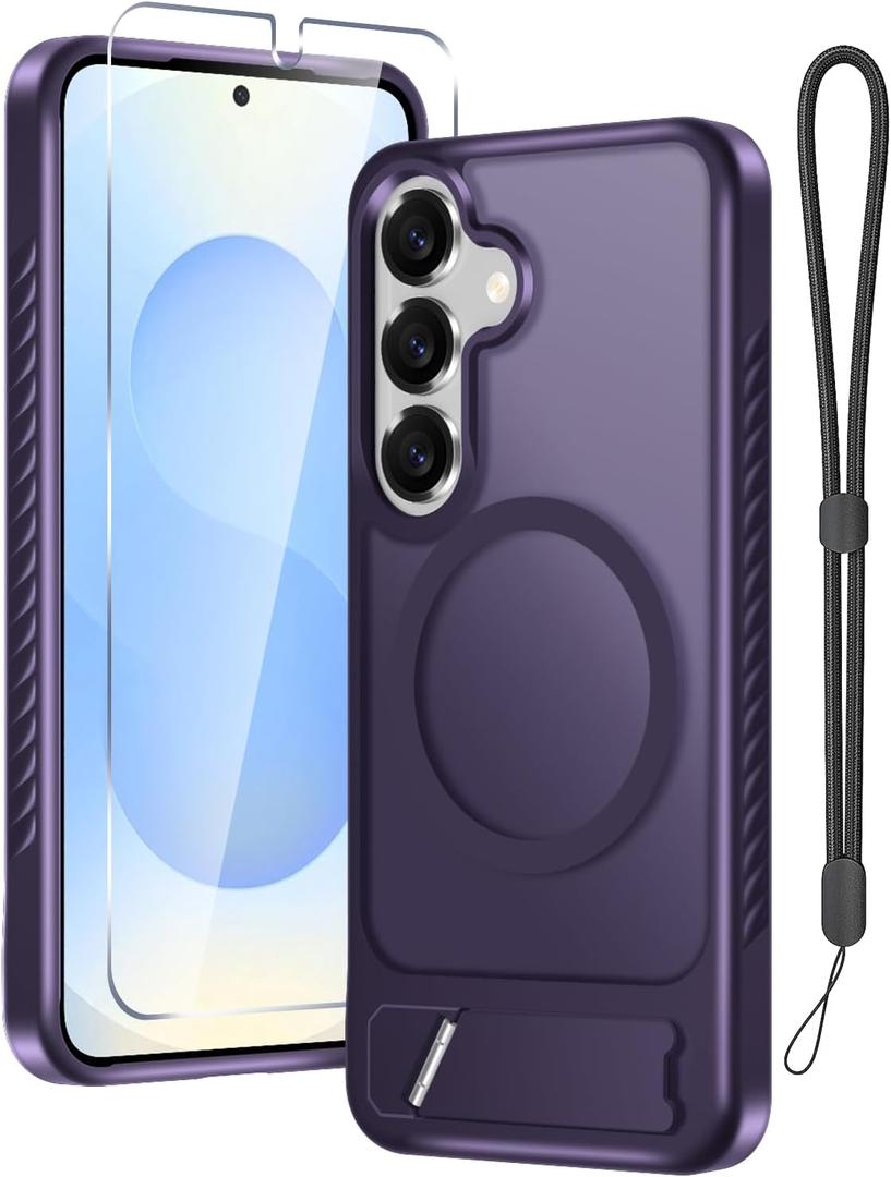 RMOCR for Samsung Galaxy S25 Case with Screen Protector+Lanyard Wrist Strap,Magnetic Translucent Matte Rugged Slim Phone Cover Built in Invisible Kickstand [Fit for MagSafe],2025 Purple