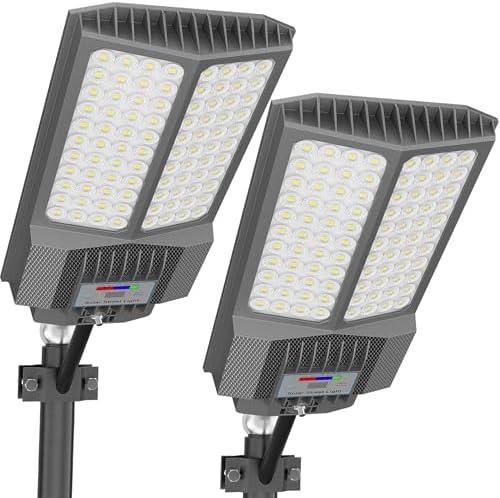 Solar Street Lights Outdoor,Solar Parking Lot Lights Commercial Street Light Dusk to Dawn,7000K LED Security Flood Light with Pole Motion Sensor and Remote Control for Street,Court,Yard