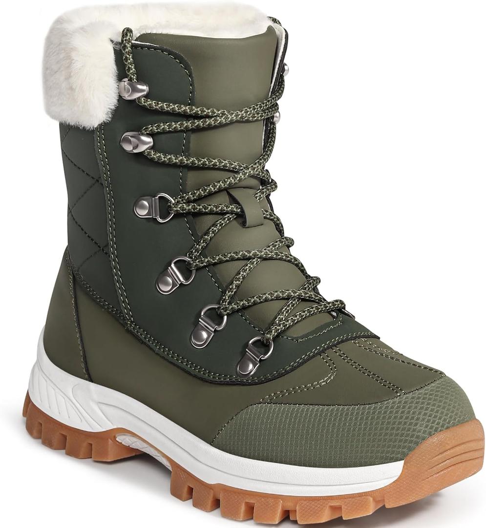 Women's Waterproof Winter Snow BootsWarm Faux Fur Lined Insulated Lightweight Non-Slip Lace-Up Mid-Calf Booties (8, Green)