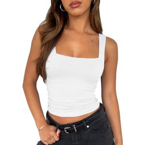 Women's Tank Top Square Neck Sleeveless Basic Double Lined Slim Fitted Crop Top White Small (White, S)