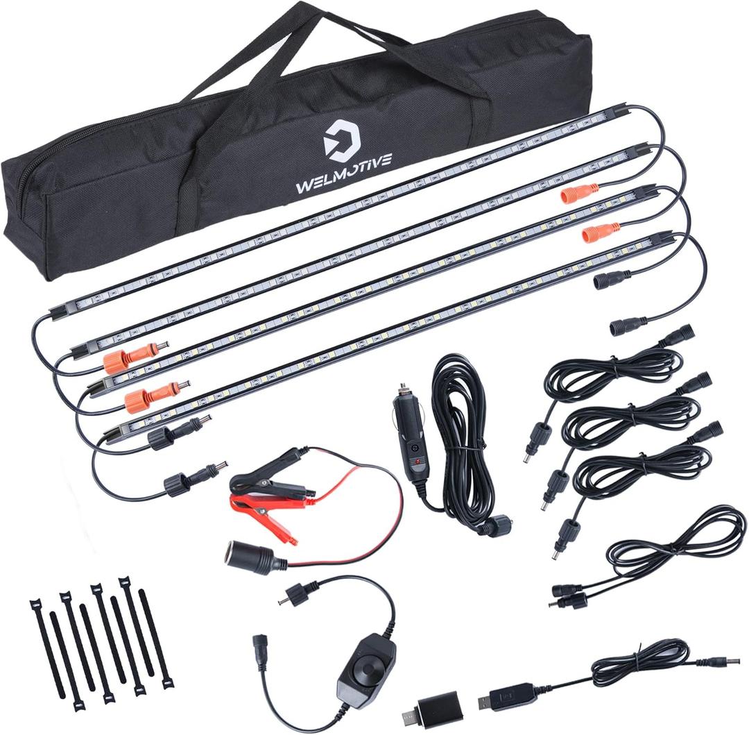 12V LED Light Bar Kit, 2 Bars White & 2 Bars Amber Adjustable Brightness RV Camping Lights - Waterproof IP67, Magnetic & Velcro Mount, Portable Lighting for Tent, Car, Trailer, Boat, Truck, Off-Road