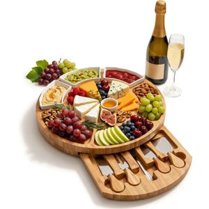 ZENFUN 13 Inch Bamboo Cheese Board and Knife Set, Round Charcuterie Boards with Bowls, Cheese Cutting Platter Serving Tray for Housewarming, Party, Picnic, 13 x 1.5
