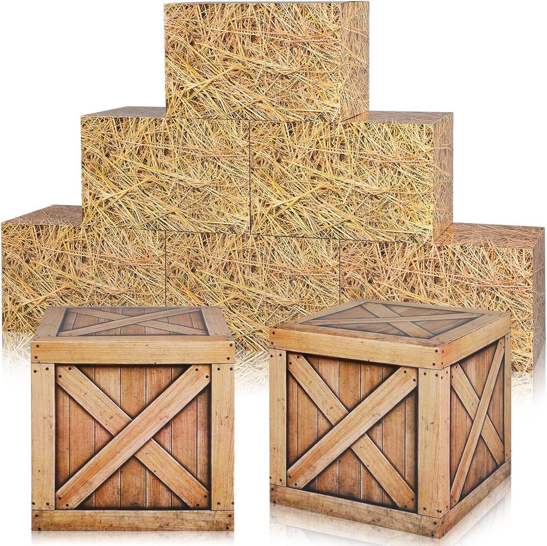 Outus 8 Pcs Hay Bales Boxes Decor Western Cowboy Party Decorations Trunk or Treat Car Decor Fake Hay Photo Booth Props Wooden Grain Straw Boxes for Fall Harvest Halloween(Straw)