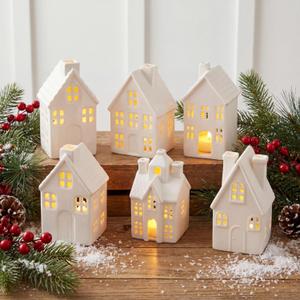 Leinuosen Set of 6 White Ceramic Christmas Village Houses Tabletop 5.1" Small Porcelain Winter Town Figurines for Farmhouse Rustic Xmas Tree Ornaments Holiday Centerpiece Mantel Shelf Decorations