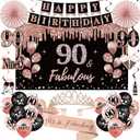 90th Birthday Decorations for Women, 33pcs 90th Crown and Sash, Black Rose Gold Happy 90th Birthday Banner Balloons Backdrop Hanging Swirls Paper Fans, 90 Years Old Bady Decorations Kit