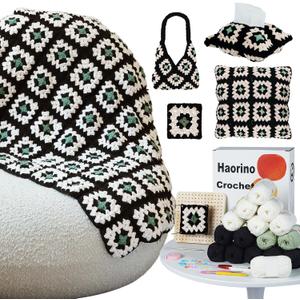 Haorino Crochet Kit for Beginners  Crochet Blanket Kit with a Crochet Blocking Board, Yarns, Tools, Video Tutorials | Granny Square Blanket for Adults| DIY Gift for Craft Lovers