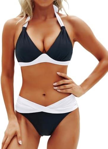 Yonique Women Two Piece Bathing Suits Push Up Bikini Set Halter Swimsuit Vintage Swimwear  L