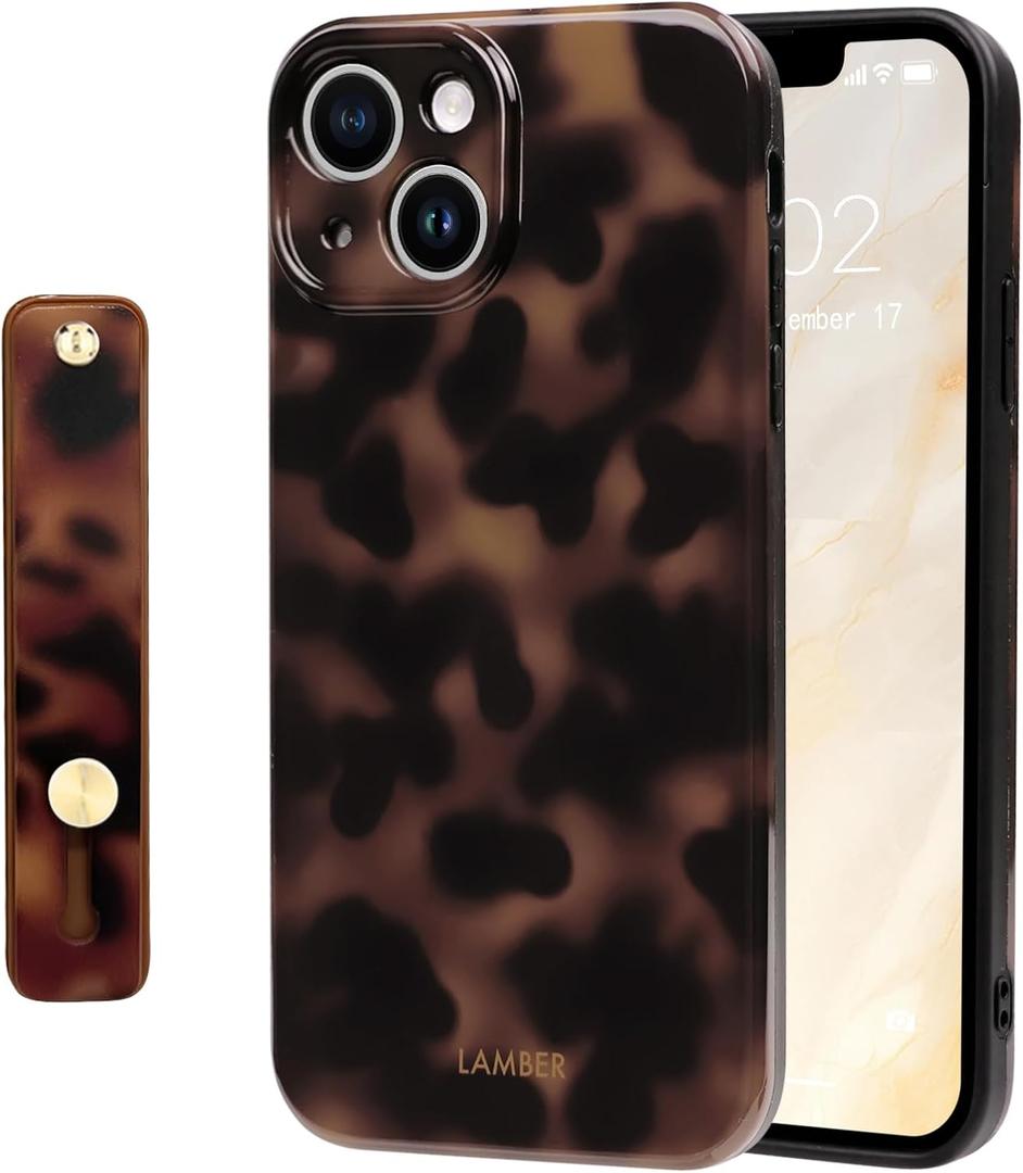 NITITOP Compatible with iPhone 15 Case with Wrist Strap Cute Stylish Leopard Aesthetic Tortoise Amber Design for Women Girls Men Soft TPU Shockproof Protective Cover - Brown Leopard