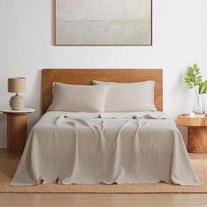 DAPU Pure Linen Sheets Set, 100% French Linen from Normandy, Breathable and Durable for Hot Sleepers, 4 Pcs Set - 1 Flat Sheet, 1 Fitted Sheet, 2 Pillowcases (Natural Linen, Queen)