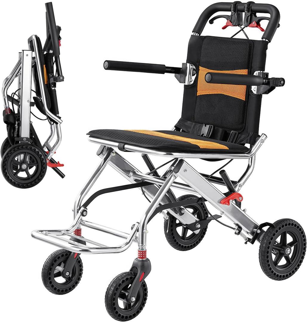 Ultra-Lightweight 19lbs Foldable Transport Wheelchair for Seniors - Portable Aluminum Travel Wheelchair with Carrying Bag, Supports 220lbs Capacity (8in)