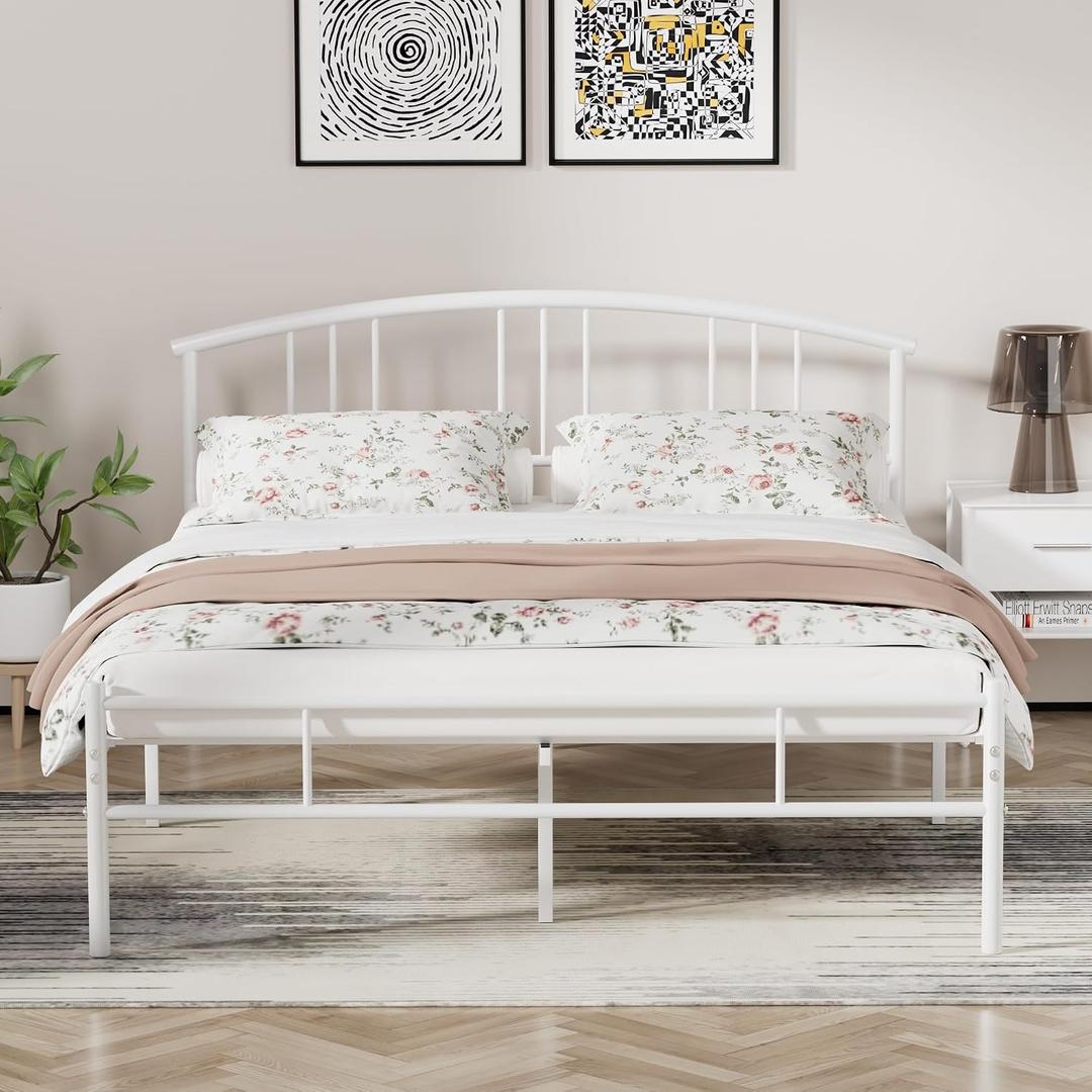 VECELO 14 inch Queen Bed Frame White Beds Metal Platform Mattress Foundation with headboard Footboard Steel Slat Support/No Box Spring Needed/Easy Assembly