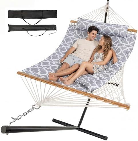 ANAGOO Hammock with Stand,Cotton Rope Hammock with Polyester, White Gray | 10-Min No-Tool Assembly | 2 Carry Bags | Removable Pad & Pillow | Camping Patio Poolside | Holds to 500 lb