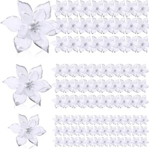Geosar 100 Pcs 3 Size Christmas Poinsettia Flowers with Clips Glitter Artificial Flowers Small Christmas Tree Ornaments Faux for Xmas Party DIY Craft Wreath Garland New Year, 3/4/6 Inches(White)