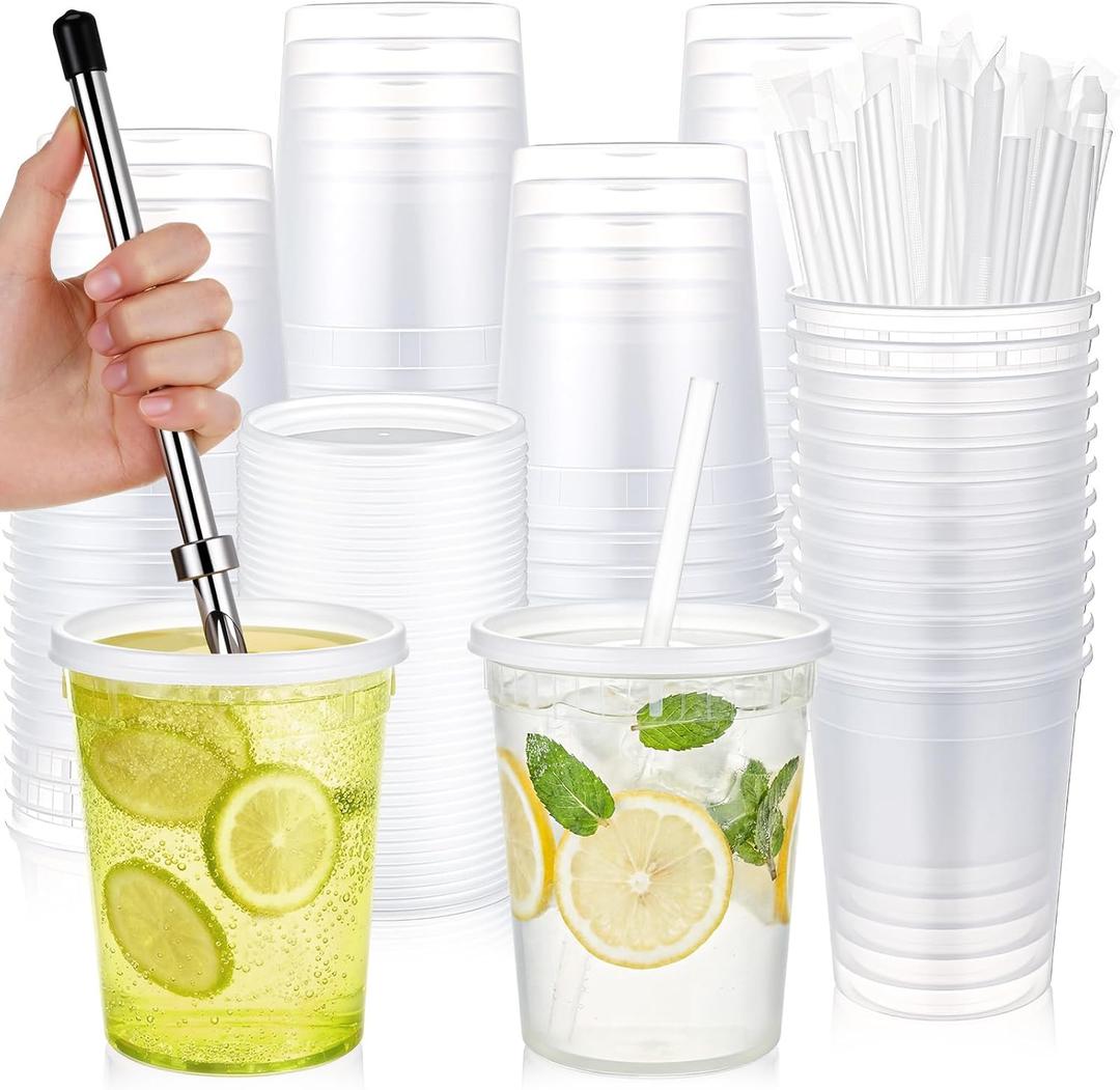 LemonRoad 50 Set Lemonade Stand Cups with Lids Straws Puncher 32oz Clear Plastic Drink Buckets with Flat Lids Disposable Drink Cups for Lemonade, Iced Coffee, Juice & Summer Party Supplies