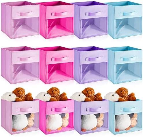 Marsui 12 Pcs Clear Storage Bins Collapsible Cube Fabric Storage Organizer Bin with Window for Kid Room Daycare Nursery Playroom(Blue, Purple, Rose, Pink,Solid)