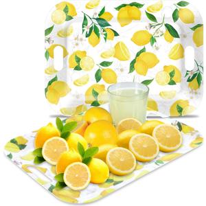 Gisgfim 2Pcs Lemon Serving Trays with Handles 16 x 11 Inch Large Melamine Tray Rectangular Yellow Lemon Serving Platter Spring Tray Melamine Dishes for Serving Food Outdoor Dinner Dessert Plates Party