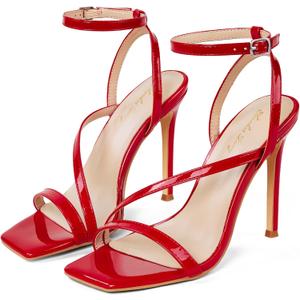 Elisabet Tang Womens Crystal Stilettos Heeled Sandals, 4 Inch Square Open Toe Strappy Sexy High Heels Ankle Strap Buckle Heels for Party Wedding Dress Daily Wear Shoes (9.5, Red)