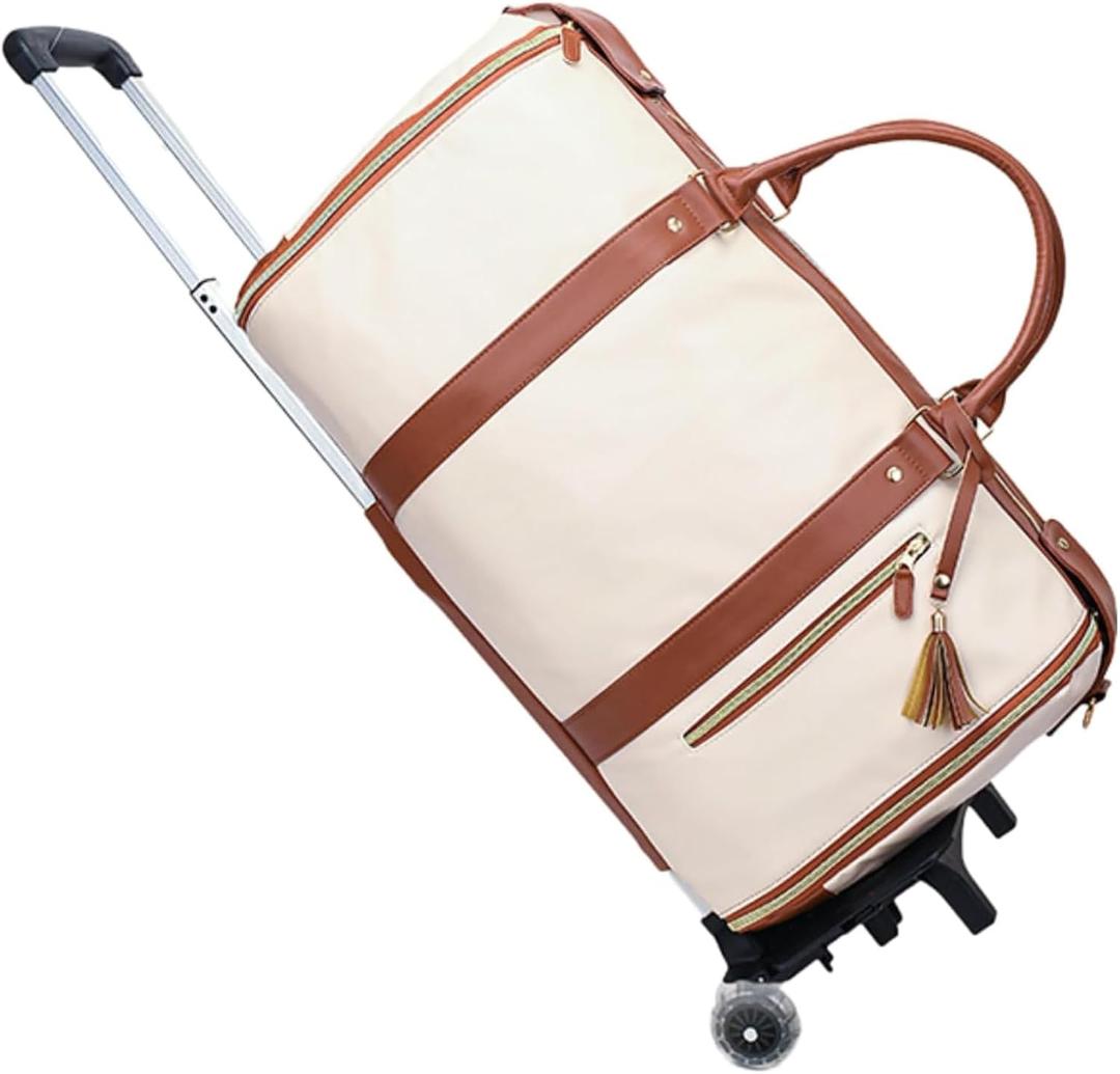 Rolling Garment Bag for Travel, 3-in-1 Convertible Carry On Garment Duffle Bag with Wheels, Waterproof PU Leather No Wrinkle Suit Bag for Business Trip, Wedding, Overnight White