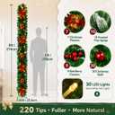 9FT Christmas Garland with Lights, Prelit Garland with Red Berry Clusters&Balls&Flowers&Pine Needles,for Stairs Railing Fireplace Mantle Front Door Home Holiday Decor Ornaments