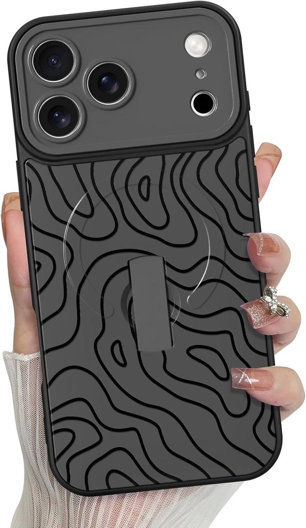 MZELQ for iPhone 17 Pro Case, Silicone Wave Ripple Cute Pattern, Support for MagSafe, Kickstand Wristband Camera Protection Soft Slim Phone Case for Girls Women -Black