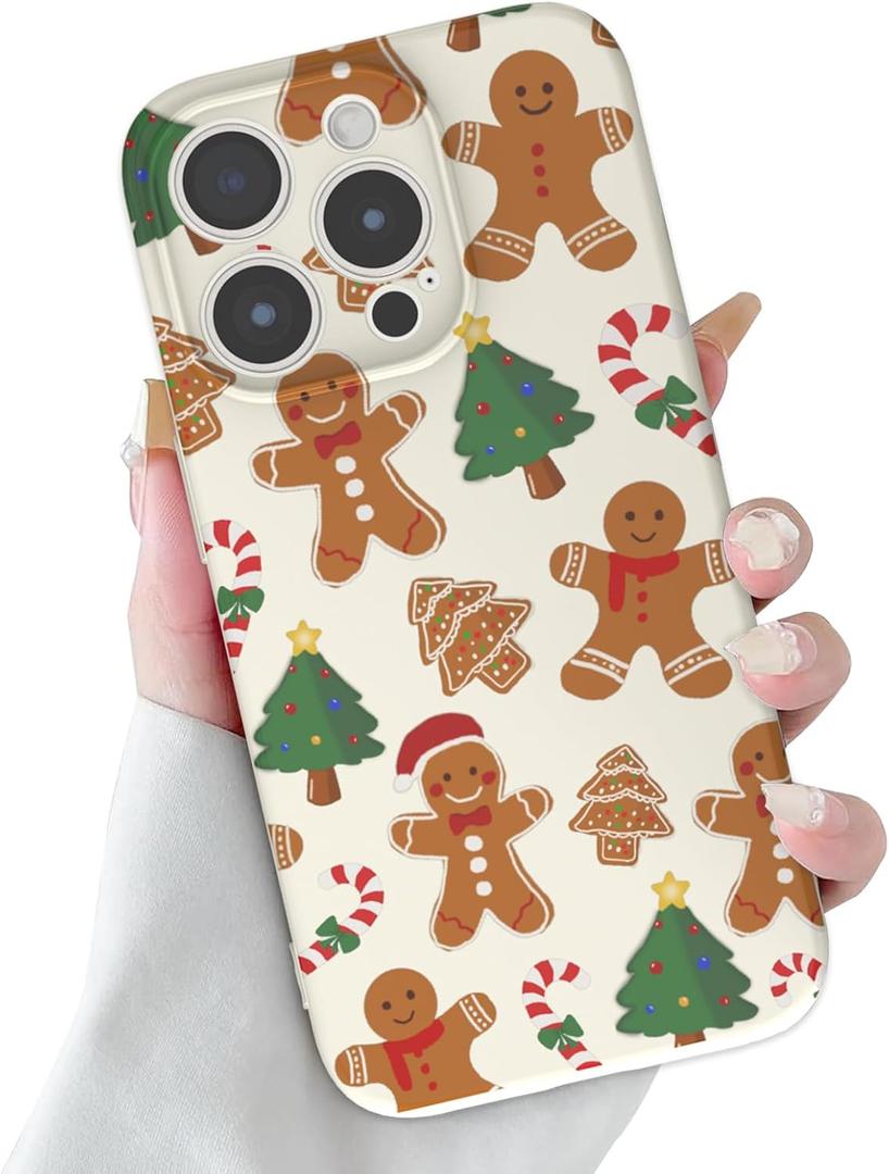Christmas Case for iPhone 15 Pro Max Case Cute Xmas Merry Christmas Tree Gingerbread Man Pattern Santa Holiday Aesthetic Gifts Girly Girls Women Kids Soft TPU Protective Cover, Beige