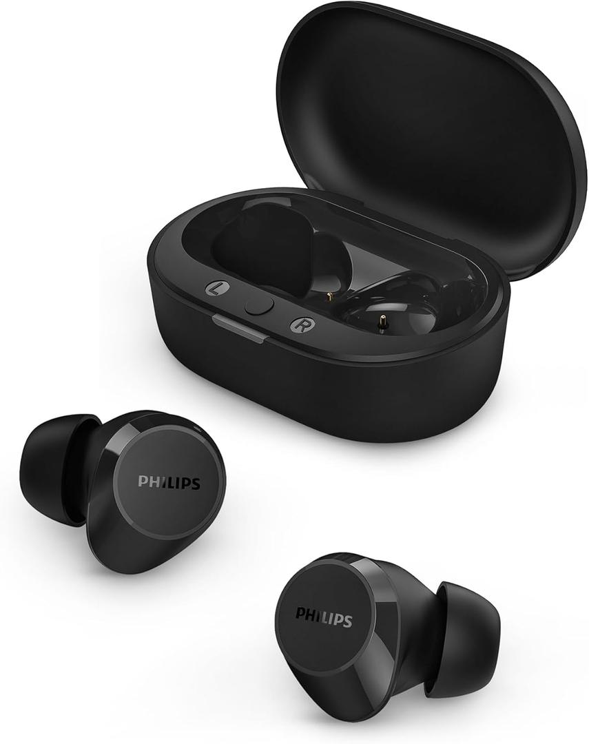 Philips TAT1219 True Wireless Bluetooth Earbuds - 18 Hours Play Time, Dynamic Bass, Clear Calls, IPX4 Water Resistant, Black (With tips)