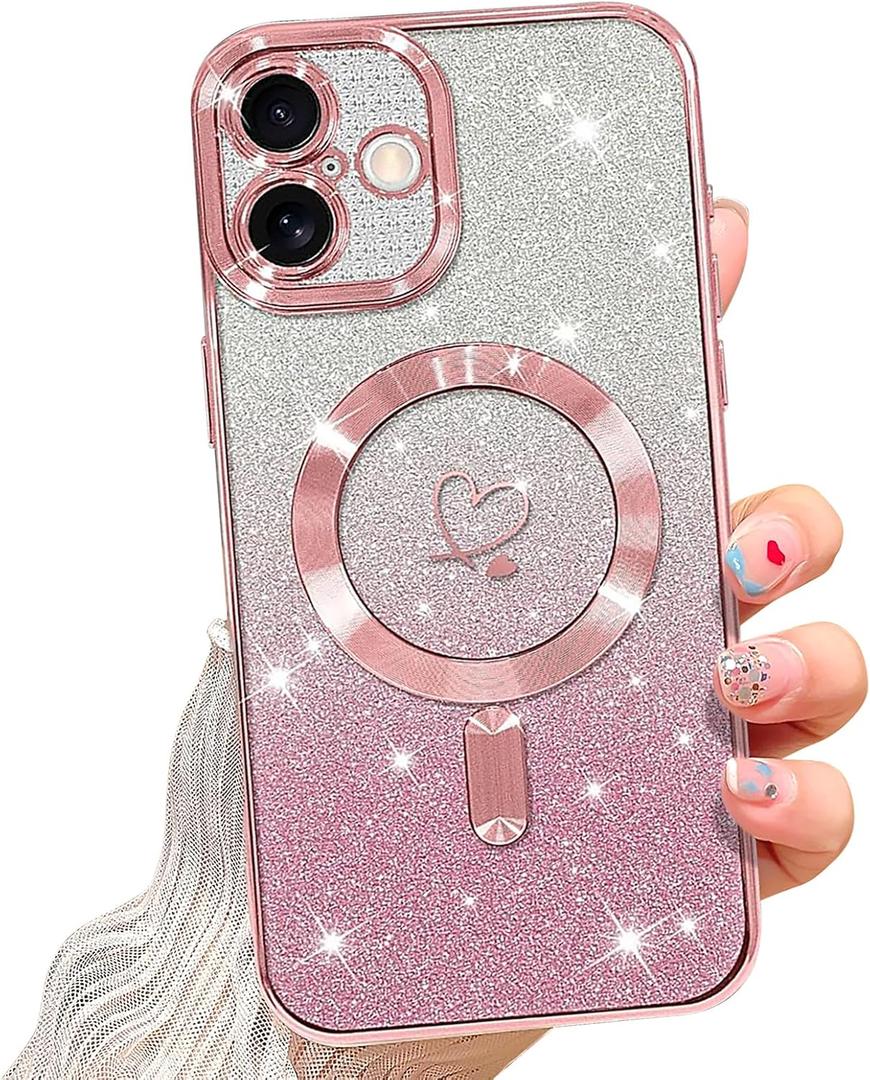 NITITOP Compatible with iPhone 16 Plus Case Cute Clear Glitter [Compatible for MagSafe] Plating Heart Sparkle Bling Magnetic Girl Women Electroplated Frame Camera Protection Back Cover - Pink