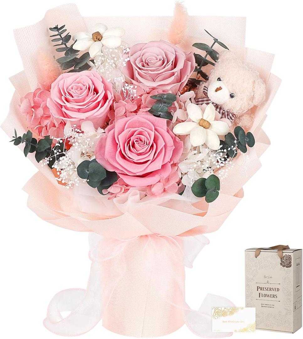 Preserved Flowers Bouquet with Bear, 3 Real Forever Flowers for Delivery, Long-Lasting Pink Eteranl Roses Bouquet, Mothers Day Gifts for Mom Grandma, Anniversary Birthday Gifts for Women Girlfriend