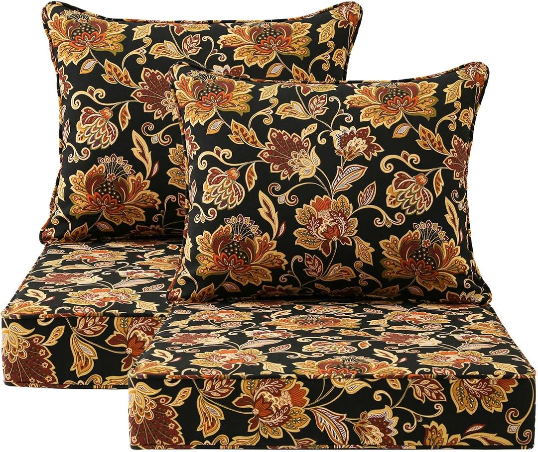 Outdoor Patio Chair Cushions Set, 24" x 24", Set of 2, Water-Repellent, Fade Resistant, Deep Seat Bottom and Back Cushion for Backyard, Couch, Sofa and Patio Furniture, Red Yellow Vine Flower