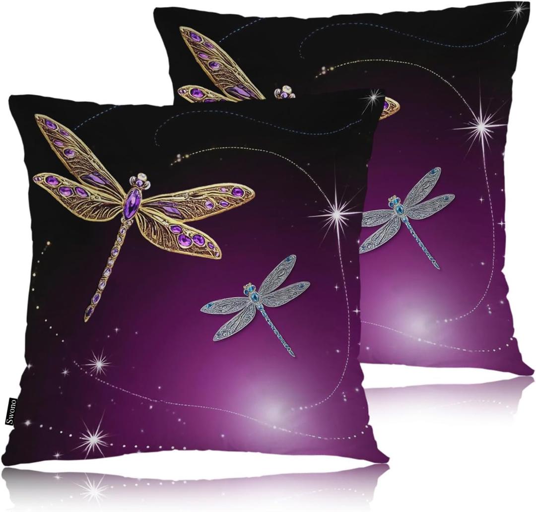 Swono Pillow Covers 18X18 Inch Set of 2 Dragonfly, Throw Pillow Cases Gold Silver Dragonflies Diamond Pillowcase Cushion Cover Decorative for Indoor Outdoor Home Sofa Bedroom Livingroom