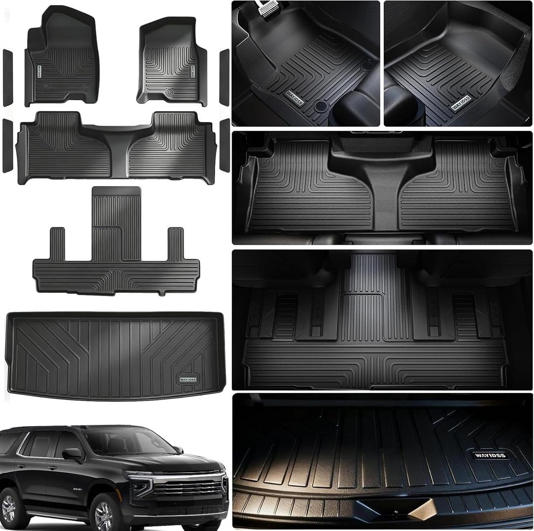 All Weather Floor Mats for 2021-2026 Chevy Tahoe/Cadillac Escalade/GMC Yukon（Only 7 Seats / 2nd Row Bucket Seats）TPE Rubber Liners Odorless Anti-Slip Car Floor Liners & Cargo Liners & Door Sill Guards